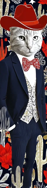 Cat bookmarks illustration of a cat in a suit and bowtie with cowboy hat in the desert